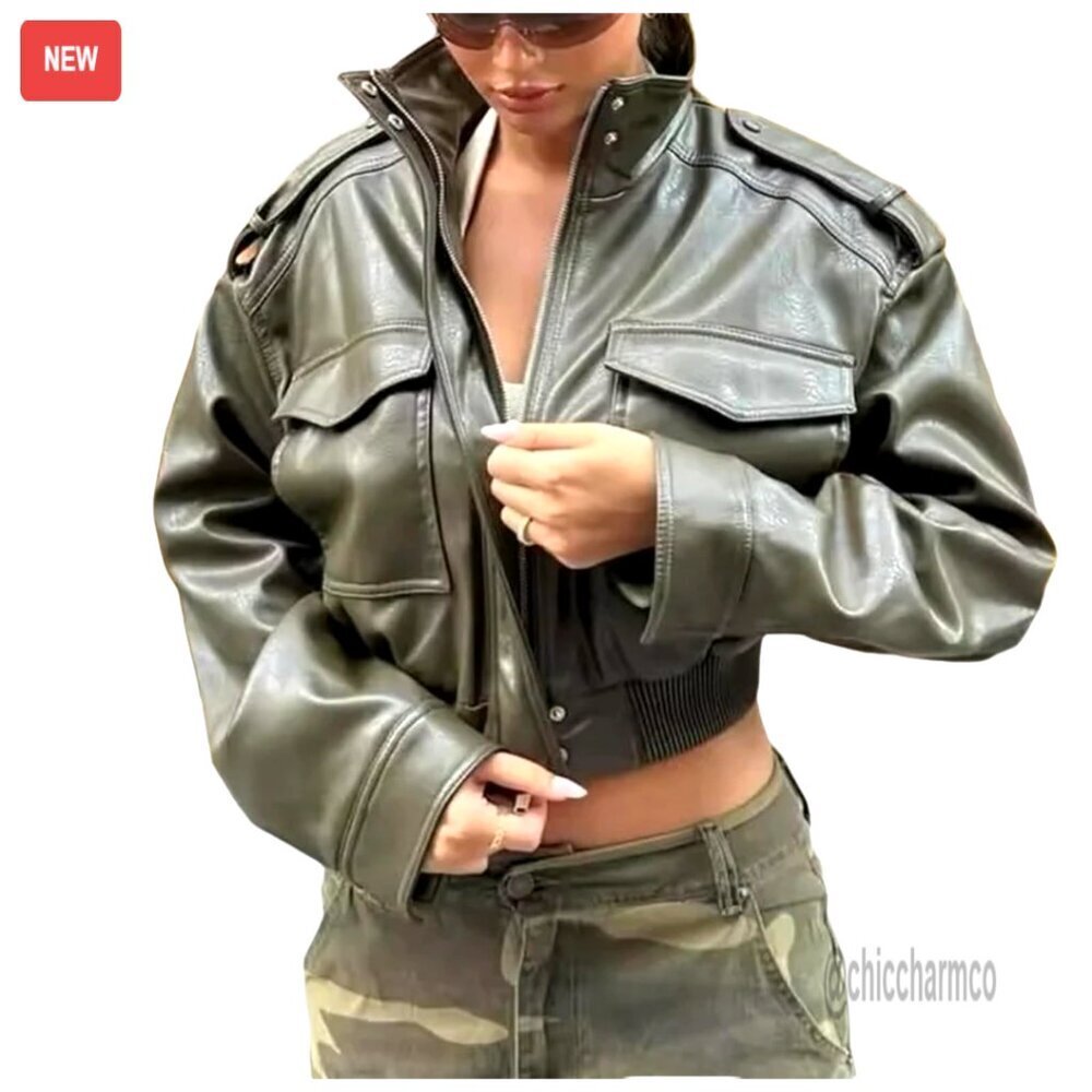 Cropped Leather Bomber Jacket Stand Collar Zip Up Trendy Chic Y2K Style